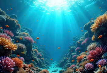 Fototapeta premium vibrant coral reefs under clear blue water aquatic habitat marine life colorful ecosystem, sea, fish, shark, turtle, anemone, shell, rock, depth, underwater