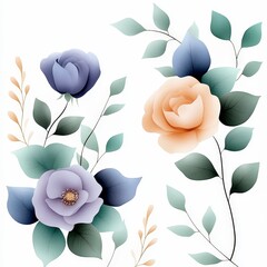 Beautiful Floral Design with Soft Blue and Peach Roses Surrounded by Green Leaves
