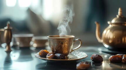 Fototapeta premium Steaming Cup and Dates Elegant Table Setting Festive Occasion