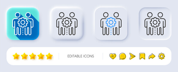 Fototapeta premium Employees teamwork line icon. Neumorphic, Flat shadow, 3d buttons. Collaboration sign. Development partners symbol. Line employees teamwork icon. Social media icons. Vector