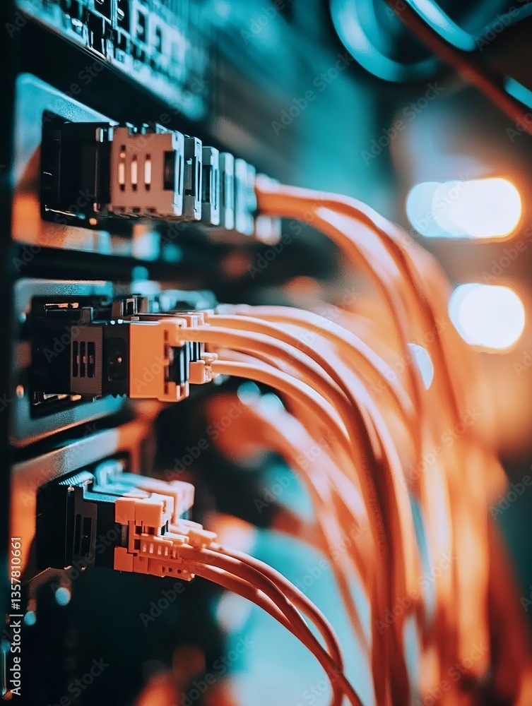 Poster high speed network server rack orange fiber optic cables technology data center digital infrastructu