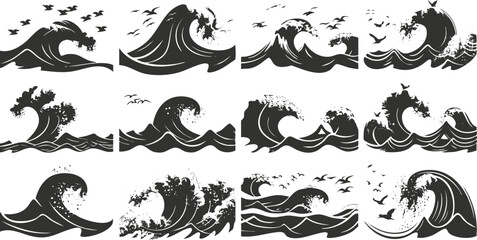 Collection of black wave illustrations with birds in various styles.