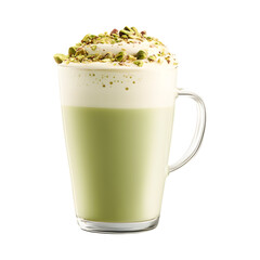 Pistachio Latte in Glass with Whipped Cream Isolated on Transparent Background