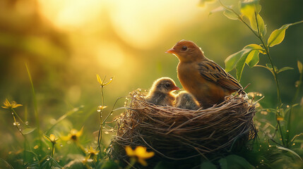Mother bird feeding chicks in nest at sunrise