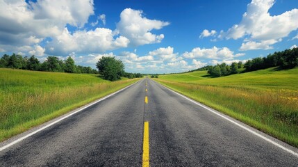 Fototapeta premium National Odometer Day Long open road through scenic countryside under blue sky and fluffy clouds