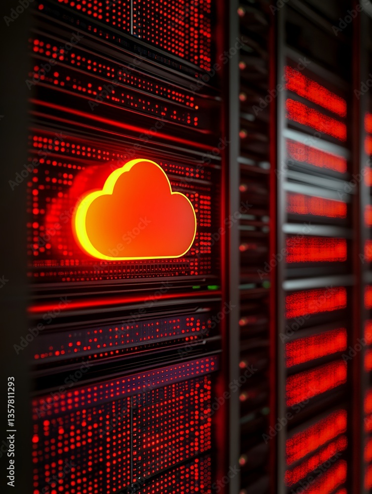 Poster red illuminated server rack cloud computing data center digital technology infrastructure network ho