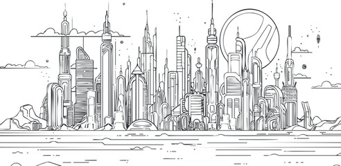Obraz premium Futuristic cityscape illustration with modern architecture and minimalist design.