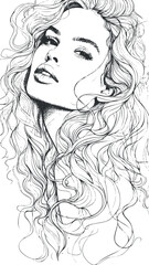 Fototapeta premium Elegant line drawing of a woman with curly hair and expressive features.