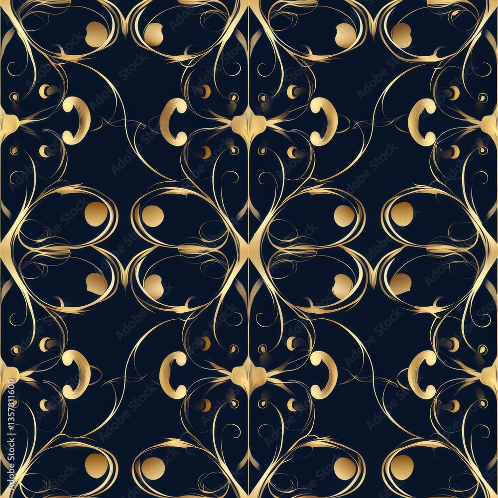 Poster seamless luxury pattern featuring intricate golden swirls on deep navy background showcasing regal v