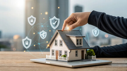 A human hand shielding a miniature house with floating holographic shield icons, emphasizing cybersecurity, property protection, and risk management in real estate.