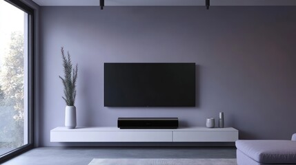 A minimalist living room with a soft lavender-gray wall featuring a sleek integrated soundbar and hidden smart home system