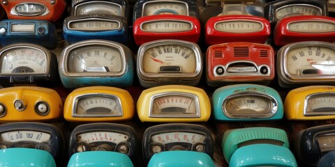 National Odometer Day Retro collection of colorful vintage car speedometers and gauges