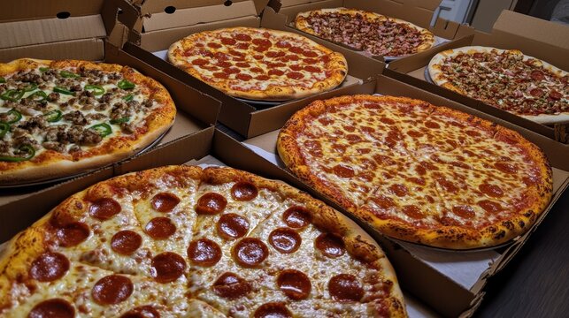 National Pizza Party Day Assorted pizza boxes with pepperoni, sausage, and cheese toppings on display