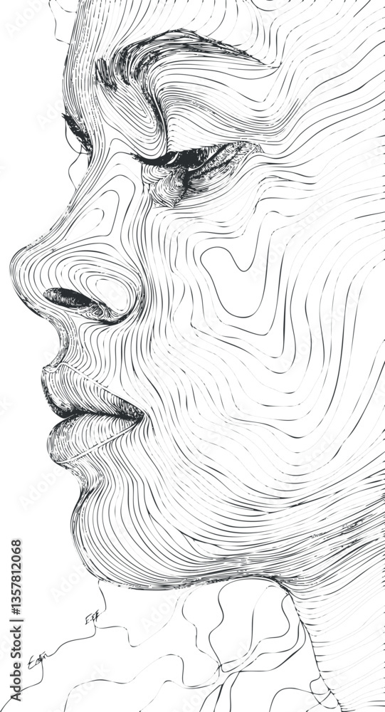 Poster monochrome line art portrait of a face in profile with contour lines.