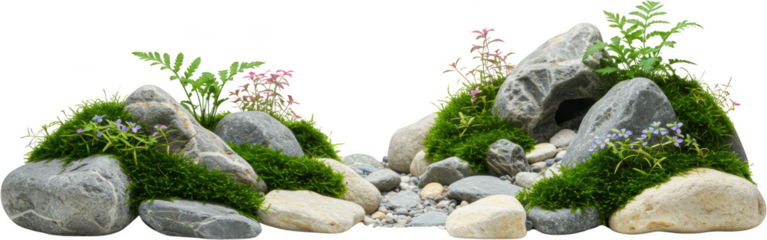 Lush Green Mossy Rocks Blooming Flowers and Ferns Tranquil Nature Scene
