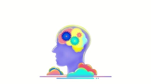 Silhouette of the head of a man with  rotating gears in his head. Concept of creativity,intelect and mental health.