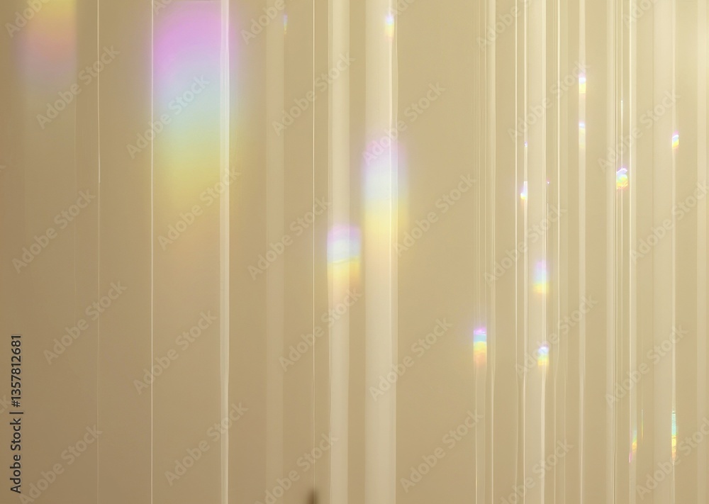 Poster light reflections create colorful rainbow patterns on a textured white surface in a dreamy setting