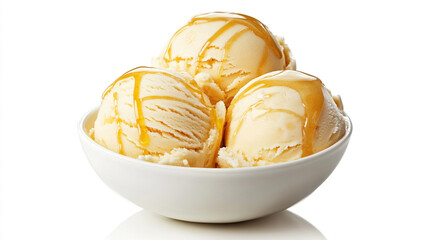 Three scoops of vanilla ice cream, drizzled with caramel sauce, in a white bowl (1)