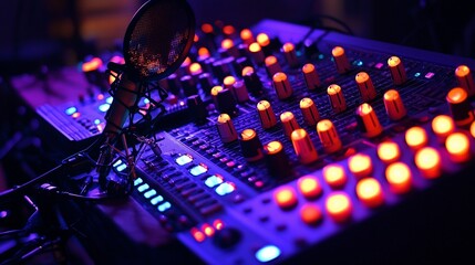 Illuminated sound mixing console and microphone in vibrant studio setting