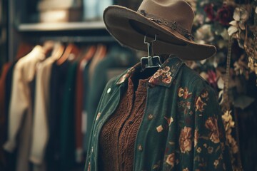 Second hand wardrobe inspiration. Circular fashion, eco-friendly sustainable shopping, thrifting shop idea. Woman's outfit