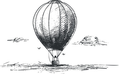 Vintage hot air balloon sketch with birds and clouds in the sky.