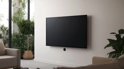 A minimalist living room with a black flat-screen TV mounted on a white wall
