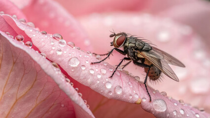 A peaceful and beautifully lit photograph of a housefly sitting still on an orchid petal, dewdrops glistening under the golden morning light, with a softly blurred floral backdrop.