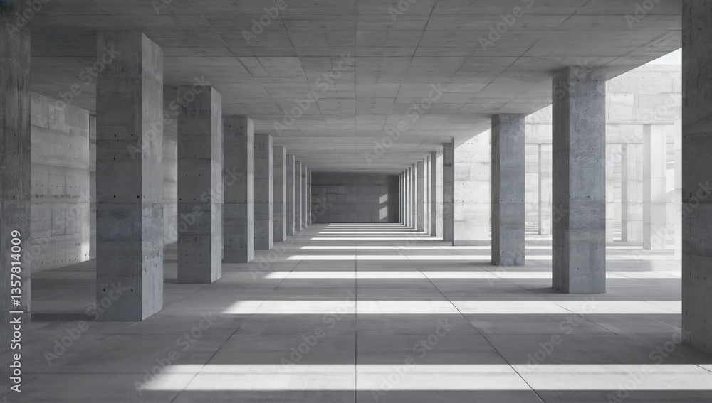Poster exploring a vast concrete structure with strong lines and light filtering through the columns in an 