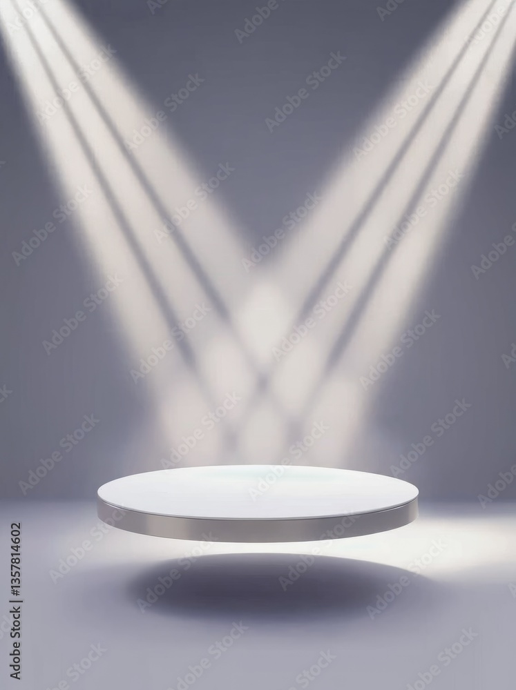 Poster abstract background with floating platform and dramatic spotlight beams creating a captivating displ
