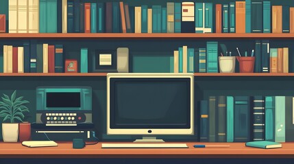Study Desk Arrangement: A stylish home office setting featuring a desk and shelves filled with books, creating an inviting and intellectual atmosphere.