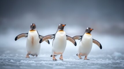 Obraz premium Three penguins running on ice