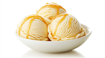 Three scoops of vanilla ice cream drizzled with caramel sauce
