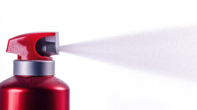 Red spray bottle releasing fine mist on white background