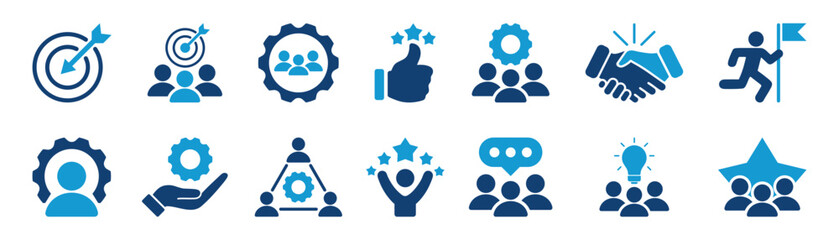Teamwork icon set. Goal setting, team target, leadership, collaboration