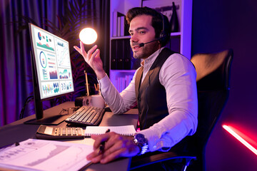 Smart businessman remotely meeting with sales team on group online, concentrating research business...
