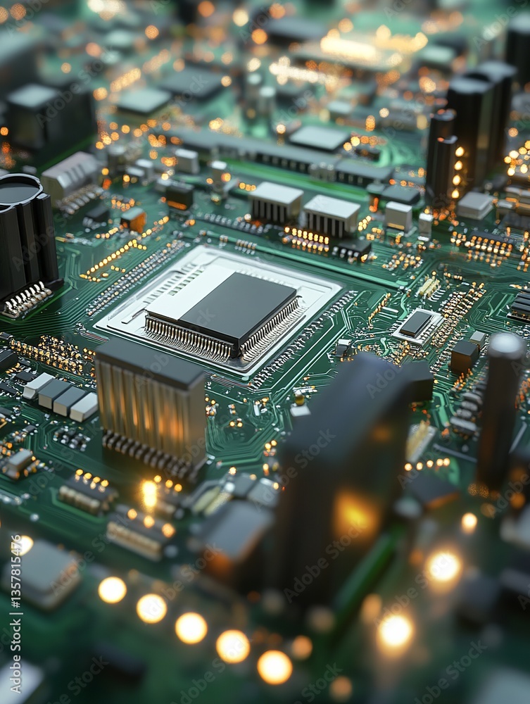 Poster high tech circuit board technology close up detailed modern digital microchip electronic computer ha