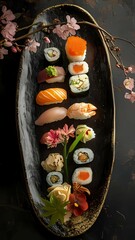 Fototapeta premium Elegant Sushi Platter with Flowers Aesthetic Presentation of Japanese Cuisine