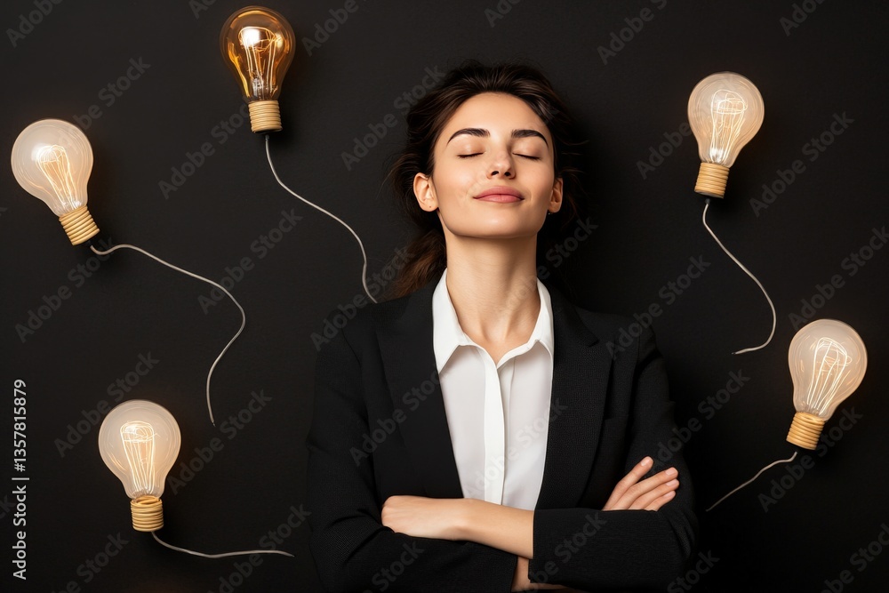 Aufkleber empowered woman holding two glowing lightbulbs with arms raised surrounded by floating data patterns
