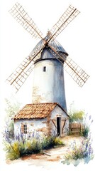 National Bike Week National Mills Weekend Rustic windmill with stone base and floral scenery in watercolor style