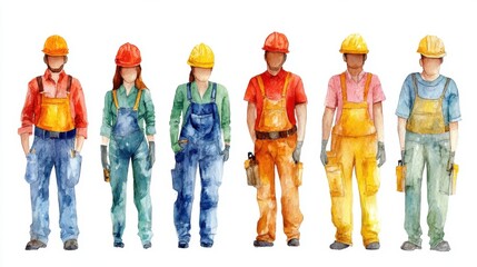 National Third Shift Workers Day Diverse team of watercolor construction workers in safety gear