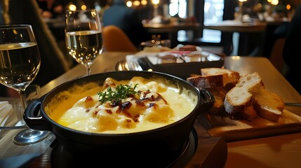 Serving of Creamy Gnocchi with Bread and Wine in Restaurant Setting