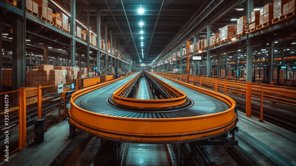 Poster A state of the art warehouse features an advanced conveyor system designed for efficient movement of cargo. Palletized inventory is strategically stored for streamlined operations.