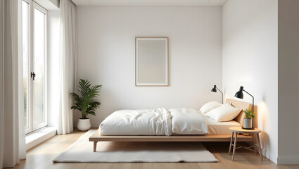 Minimalist bedroom interior with a low-platform bed, white bedding, and natural light