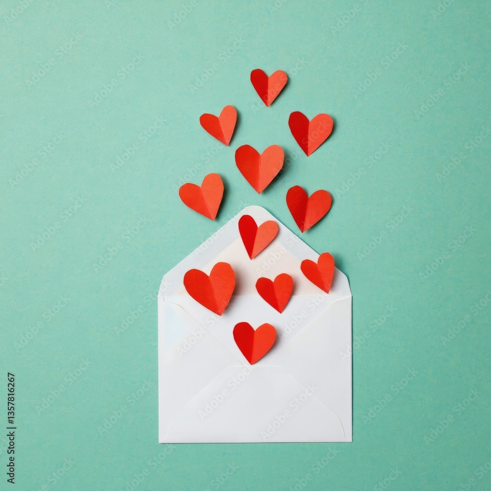 Poster colorful hearts emerging from an open envelope on a soft pastel background create a whimsical and pl