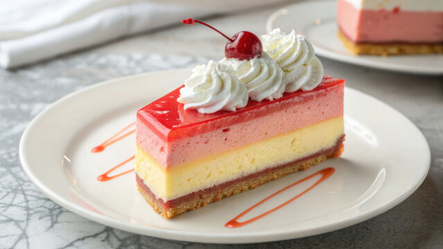 Delicious slice of layered cake with whipped cream and cherry topping on white