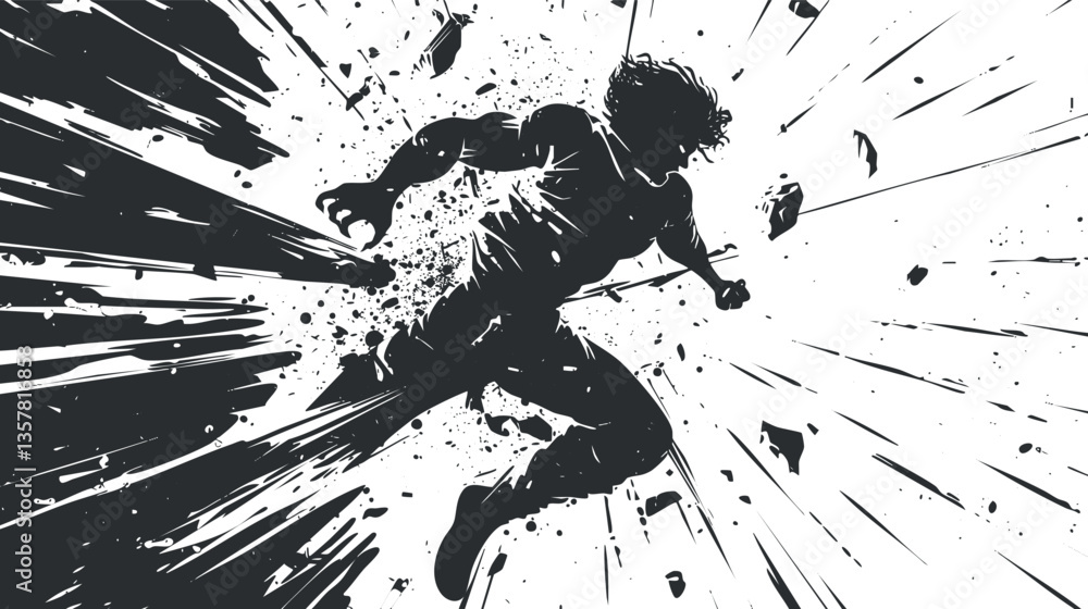 Poster silhouette of a person in dynamic action with explosive debris.