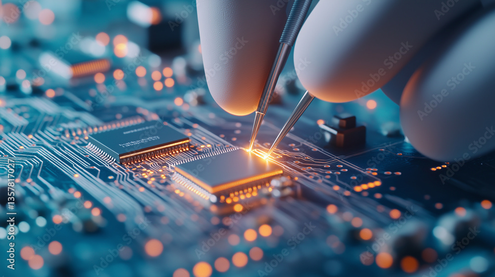 Poster a close-up of a microchip being placed on a circuit board with tweezers, glowing with blue light.