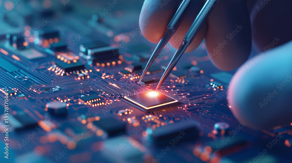 Poster a close-up of a microchip being placed on a circuit board with tweezers, glowing with blue light.