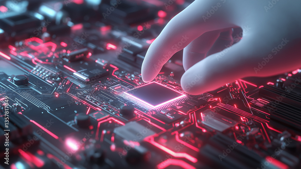 Aufkleber a close-up of a microchip being placed on a circuit board with tweezers, glowing with blue light.