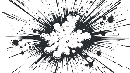 Abstract black and white explosion with splatter and dynamic lines.